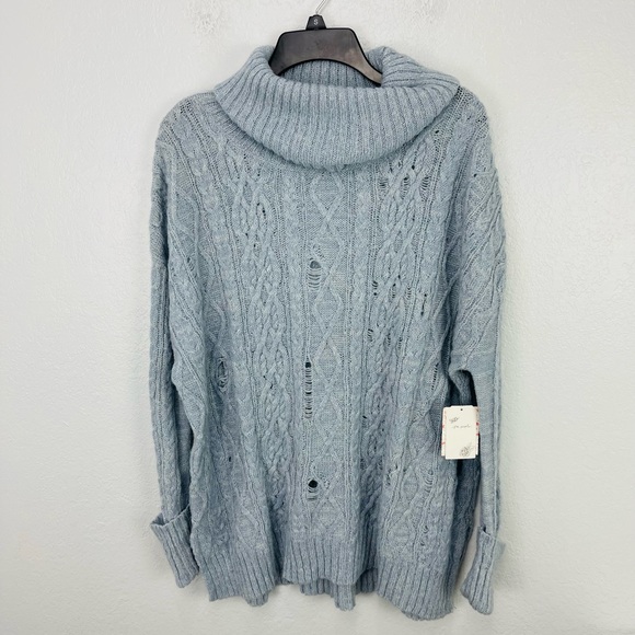 Free People Complex Chunky Cable Knit Light Blue Turtleneck Sweater Medium - Picture 2 of 7